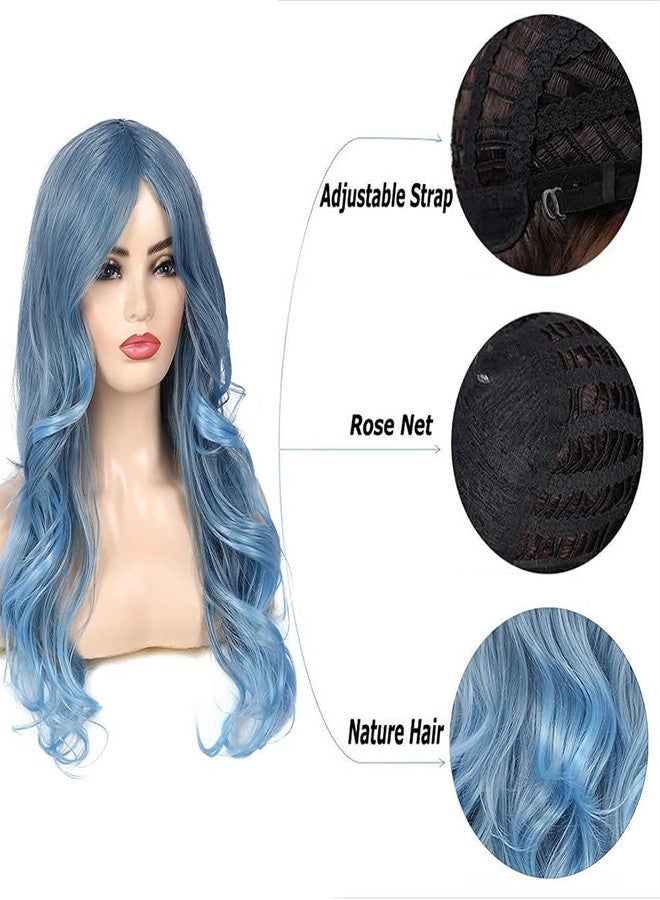 Beweig Blue Wig for Women Long Curly Wavy Pastel Blue Wig Side Part Synthetic Halloween Cosplay Wig with Wig Cap - Image 4